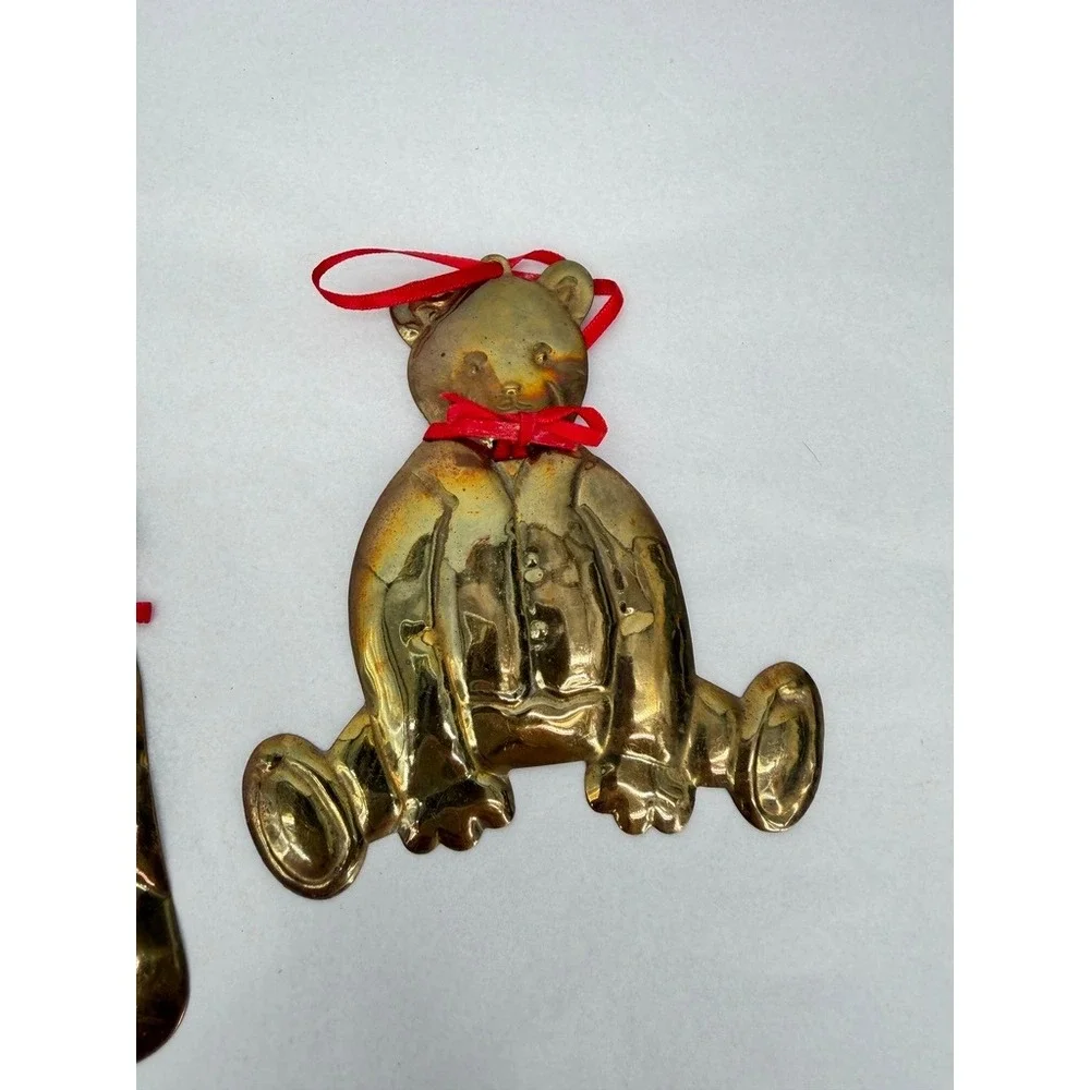 Dept 56 Teddy Bear Shaped Ornaments Brass Vintage Set 3 Holiday Hong Kong Retro